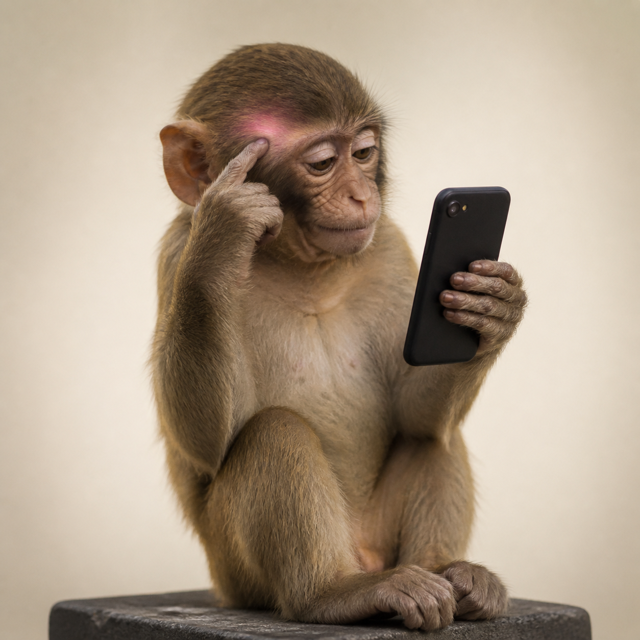A monkey thinking while looking at a phone
